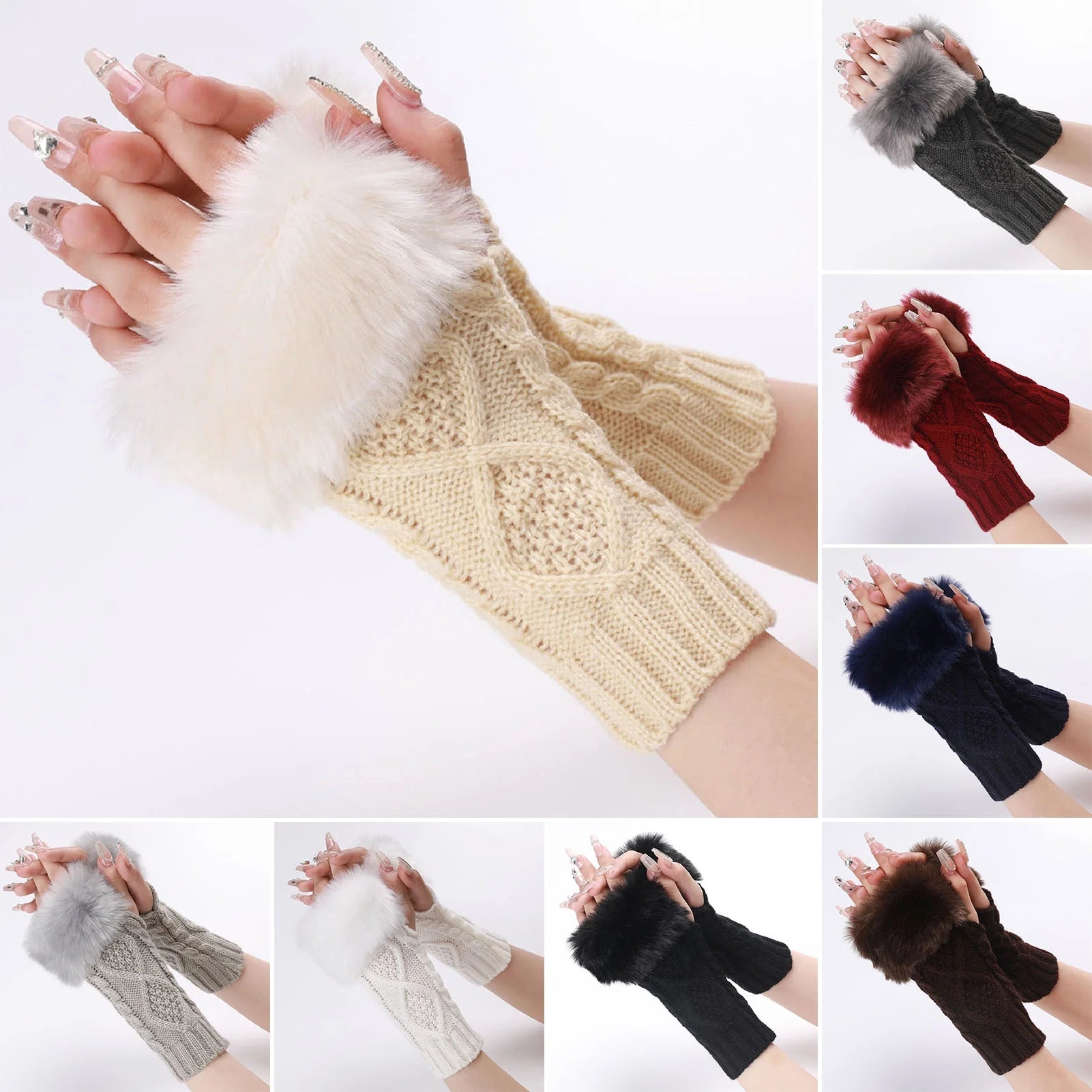 GROFRY 1 Pair Women Gloves Knitted Fingerless Thumb Hole Plush Splicing Solid Color Keep Warm Clothing Accessories Arm Sleeves Lady Mittens for Autumn Winter